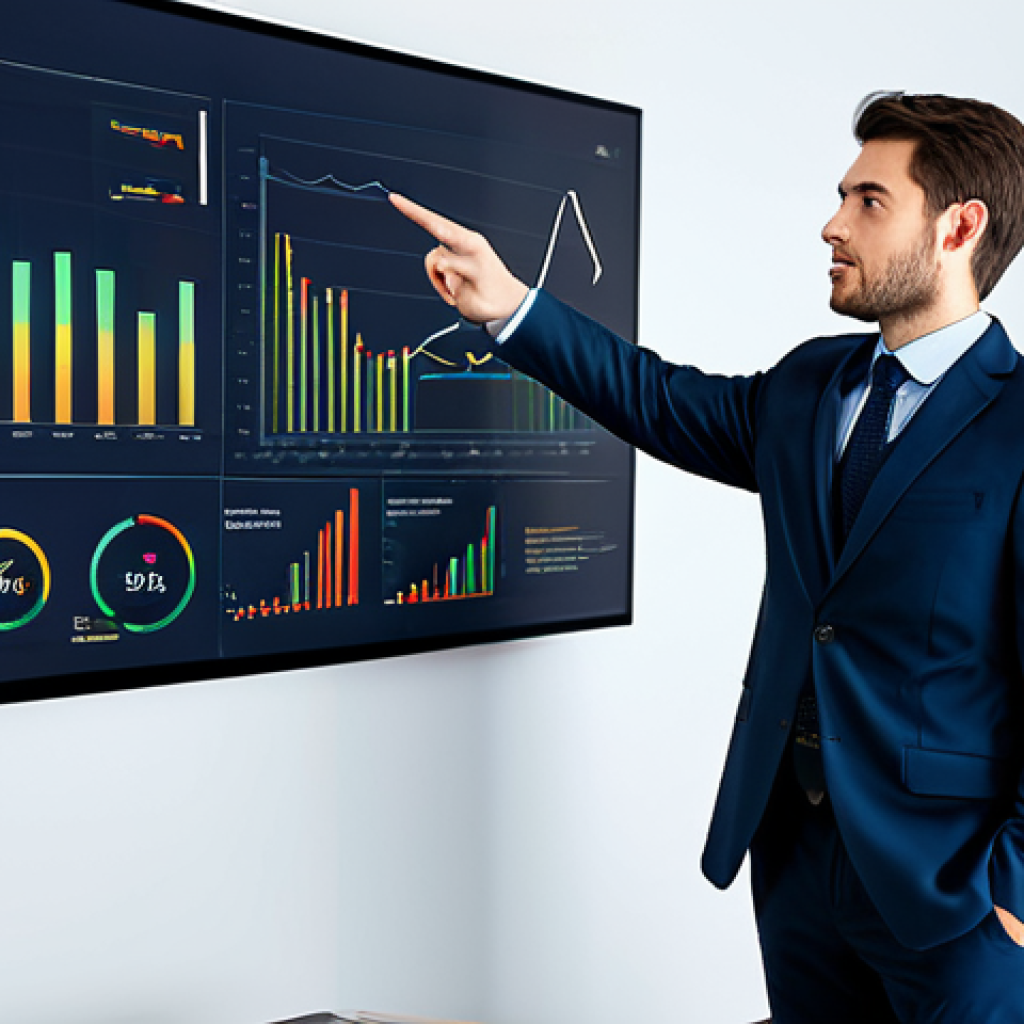 A focused, professional data analyst, fully clothed in a modest business suit, standing confidently beside a large, sleek digital display showing clear, vibrant data visualizations like elegant line graphs and insightful bar charts. Their hands are naturally gesturing towards the screen, indicating a point of interest. The setting is a clean, modern, well-lit office or presentation room with soft ambient lighting. The data visualizations are well-designed and convey complex information clearly. The analyst has a thoughtful, engaging expression. professional photography, high resolution, detailed, perfect anatomy, correct proportions, natural pose, well-formed hands, proper finger count, natural body proportions, fully clothed, modest clothing, appropriate attire, professional dress, safe for work, appropriate content, professional.