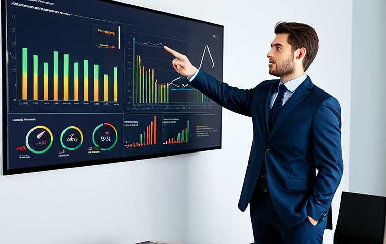 A focused, professional data analyst, fully clothed in a modest business suit, standing confidently beside a large, sleek digital display showing clear, vibrant data visualizations like elegant line graphs and insightful bar charts. Their hands are naturally gesturing towards the screen, indicating a point of interest. The setting is a clean, modern, well-lit office or presentation room with soft ambient lighting. The data visualizations are well-designed and convey complex information clearly. The analyst has a thoughtful, engaging expression. professional photography, high resolution, detailed, perfect anatomy, correct proportions, natural pose, well-formed hands, proper finger count, natural body proportions, fully clothed, modest clothing, appropriate attire, professional dress, safe for work, appropriate content, professional.