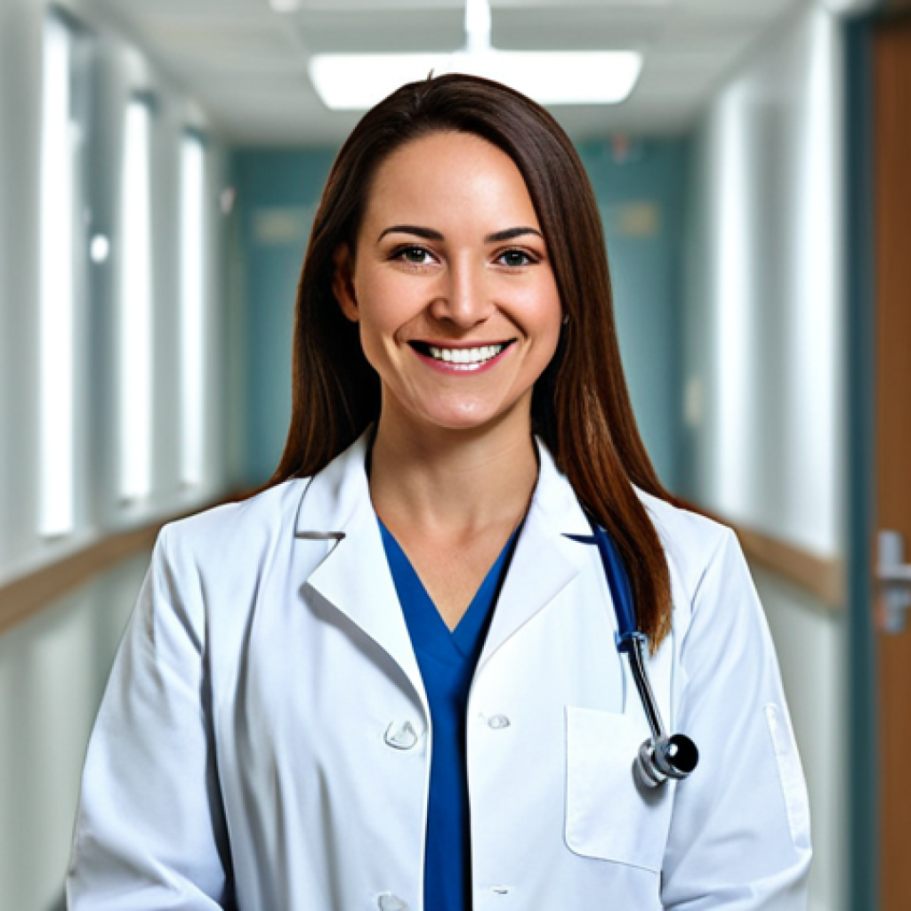 **

A professional female doctor, fully clothed in a clean, white lab coat, appropriate attire, standing in a modern hospital hallway, smiling kindly. Safe for work, perfect anatomy, correct proportions, well-formed hands, natural pose, professional medical photography, high resolution.

**