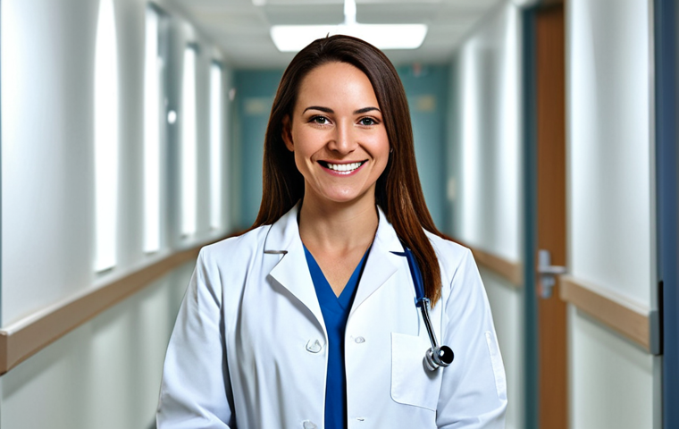 **

A professional female doctor, fully clothed in a clean, white lab coat, appropriate attire, standing in a modern hospital hallway, smiling kindly. Safe for work, perfect anatomy, correct proportions, well-formed hands, natural pose, professional medical photography, high resolution.

**