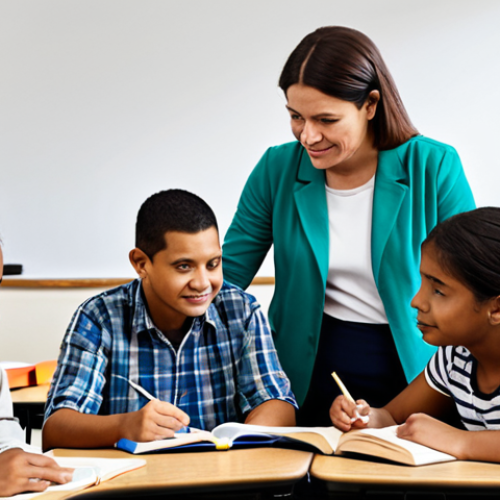 **Prompt:** A diverse group of adult learners, fully clothed in casual attire, participating in a literacy class. Focus on the instructor, a kind and patient educator, guiding them. Classroom setting with books and learning materials. Safe for work, appropriate content, family-friendly, professional instruction, modest clothing, natural proportions, well-formed hands.