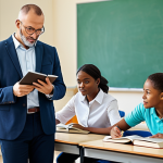 A professional teacher in a modest outfit instructing a diverse group of adult learners in a bright classroom. Students are engaged with books and tablets. "Safe for work", "appropriate content", "fully clothed", "professional", perfect anatomy, correct proportions, well-formed hands, natural pose, learning environment.