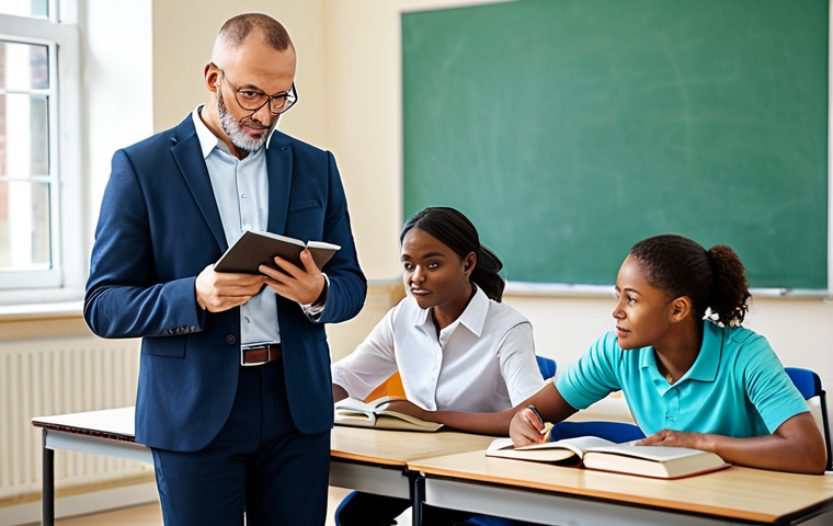 A professional teacher in a modest outfit instructing a diverse group of adult learners in a bright classroom. Students are engaged with books and tablets. "Safe for work", "appropriate content", "fully clothed", "professional", perfect anatomy, correct proportions, well-formed hands, natural pose, learning environment.