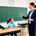 문해교육사 필수 자기관리 스킬 - **

A professional female teacher in a bright, modern classroom, interacting with elementary school ...
