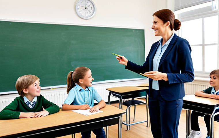 문해교육사 필수 자기관리 스킬 - **

A professional female teacher in a bright, modern classroom, interacting with elementary school ...