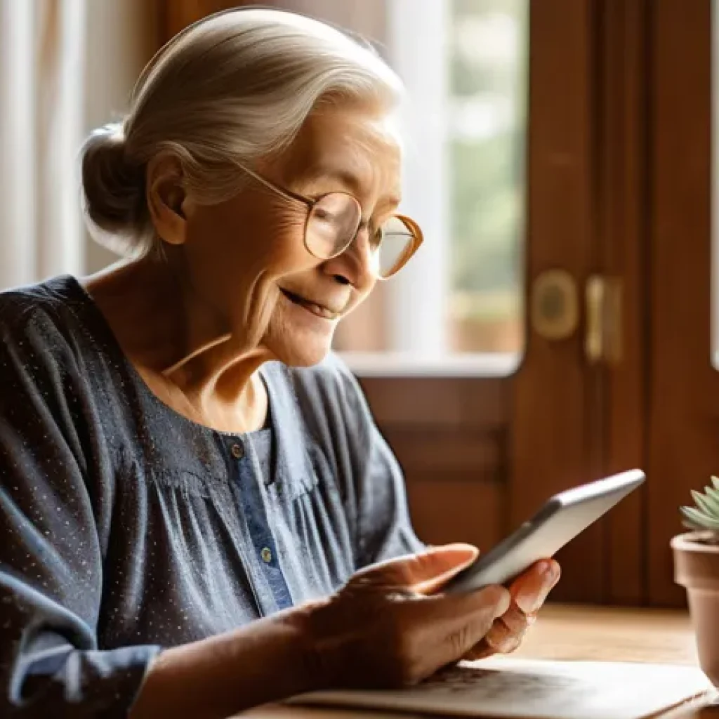 문해교육사와 소외 계층 교육 사례 - **Prompt:** A serene, sunlit scene inside a cozy, modestly furnished home. An elderly woman, with ge...