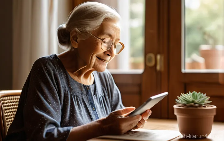 문해교육사와 소외 계층 교육 사례 - **Prompt:** A serene, sunlit scene inside a cozy, modestly furnished home. An elderly woman, with ge...