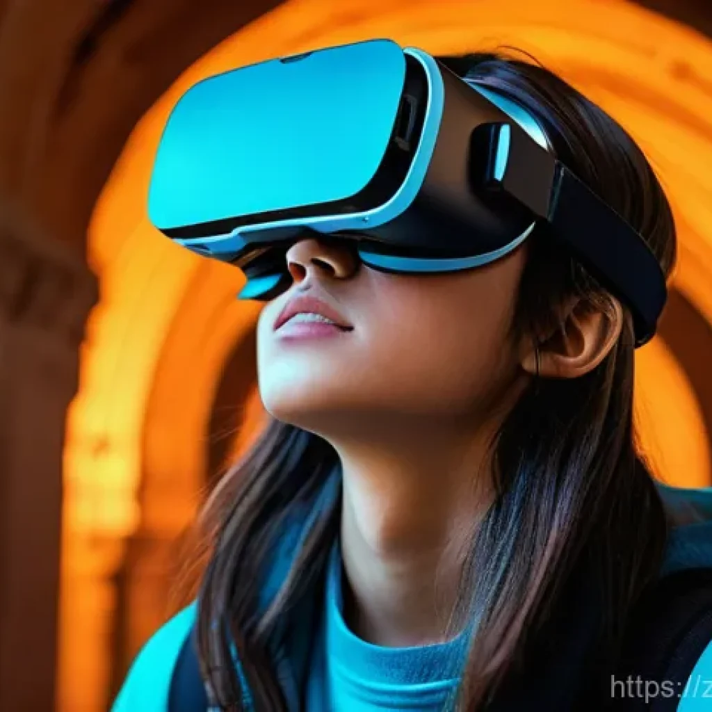 문해교육사와 새로운 학습 플랫폼 - **Student 1 (left):** A teenager wears a sleek, futuristic virtual reality headset, with their face ...