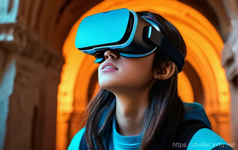 문해교육사와 새로운 학습 플랫폼 - **Student 1 (left):** A teenager wears a sleek, futuristic virtual reality headset, with their face ...
