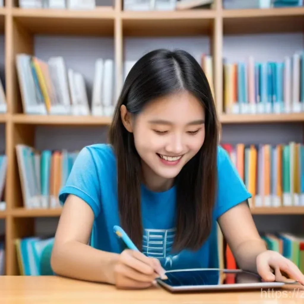 문해교육사 실무에서의 AI 활용 - **Personalized Learning Path:**
"A vibrant, eye-level shot of a smiling East Asian female studen...