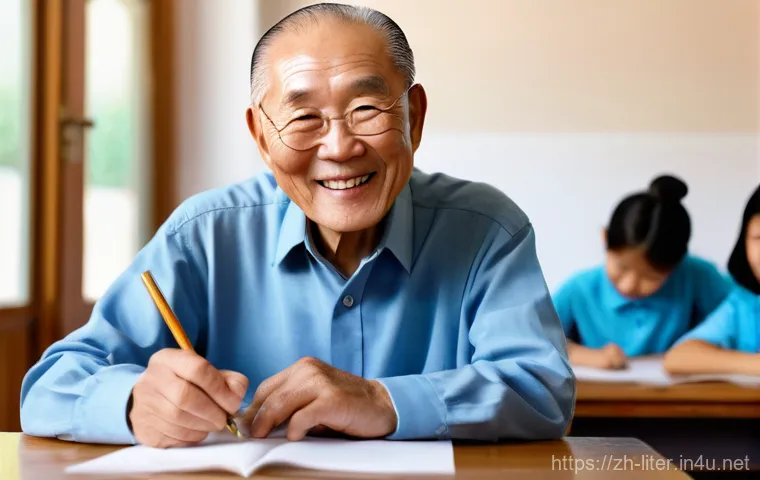 문해교육사와 실습 사례 연구 - **Prompt:** A heartwarming, realistic depiction of an elderly Chinese man, perhaps in his late 60s, ...