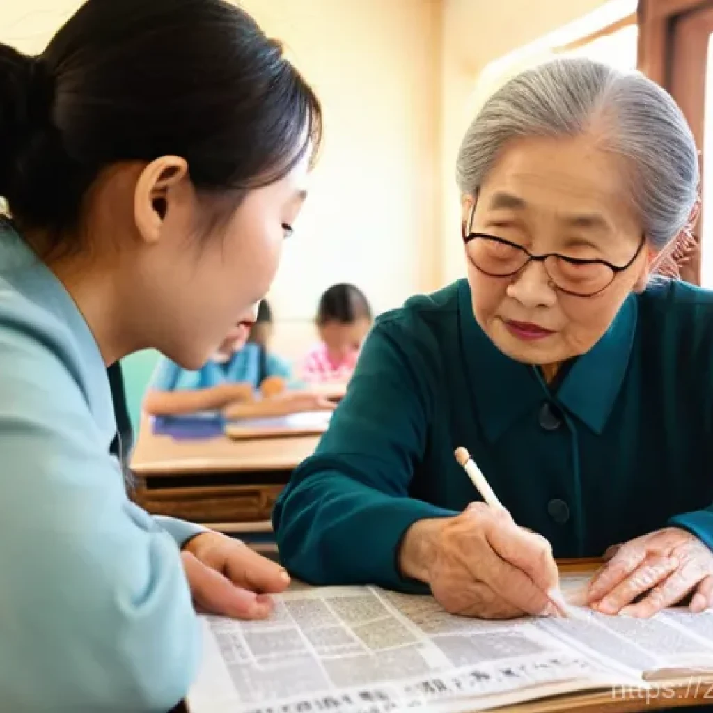 문해교육사와 학생 개별화 지도 사례 - A warm, inviting scene in a brightly lit community classroom in China. A kind, young Chinese female ...