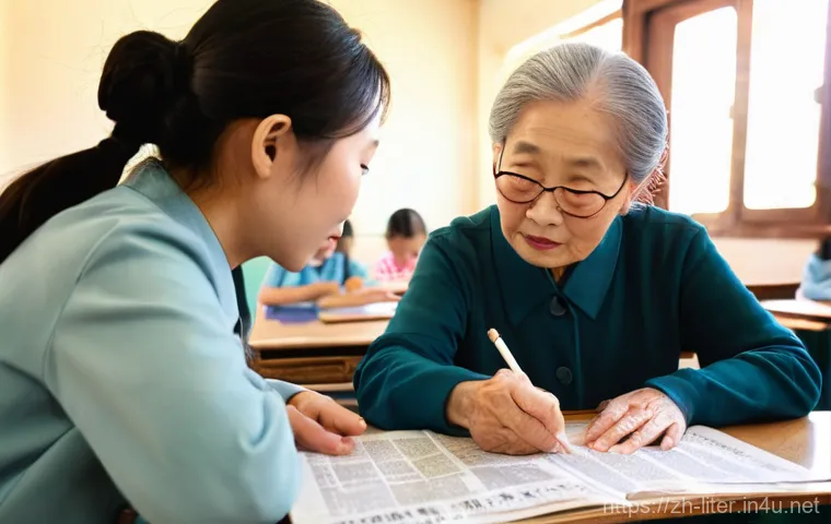 문해교육사와 학생 개별화 지도 사례 - A warm, inviting scene in a brightly lit community classroom in China. A kind, young Chinese female ...