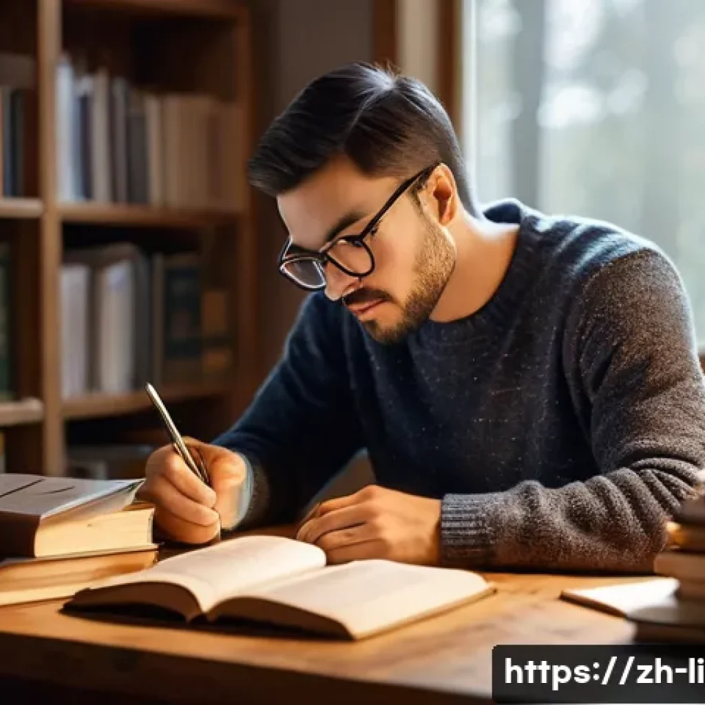 문해교육사와 취업 지원 센터 활용 - **Prompt:** A cozy study scene featuring an adult learner, mid-30s, wearing a casual sweater and gla...