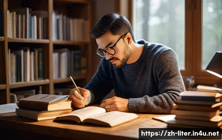 문해교육사와 취업 지원 센터 활용 - **Prompt:** A cozy study scene featuring an adult learner, mid-30s, wearing a casual sweater and gla...