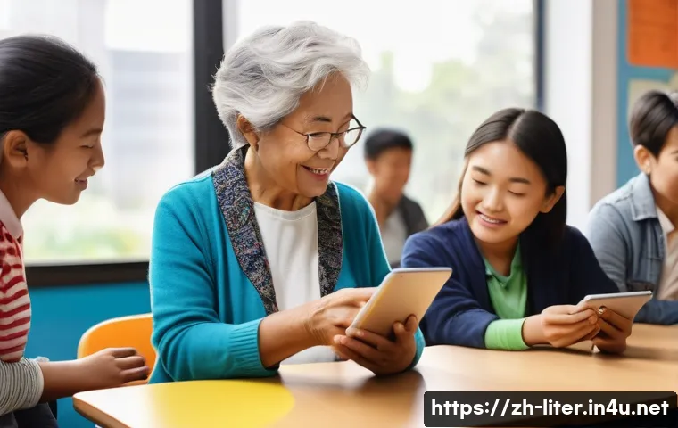 문해교육사와 평생교육의 연관성 - A compassionate adult literacy teacher in a bright, modern community classroom setting, patiently gu...