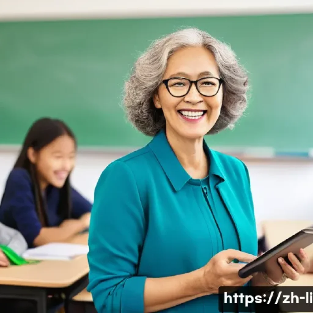 문해교육사와 직업 만족도 연구 성공 - A dedicated adult literacy teacher in a bright, modern classroom setting, wearing professional modes...