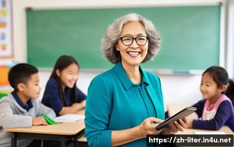 문해교육사와 직업 만족도 연구 성공 - A dedicated adult literacy teacher in a bright, modern classroom setting, wearing professional modes...