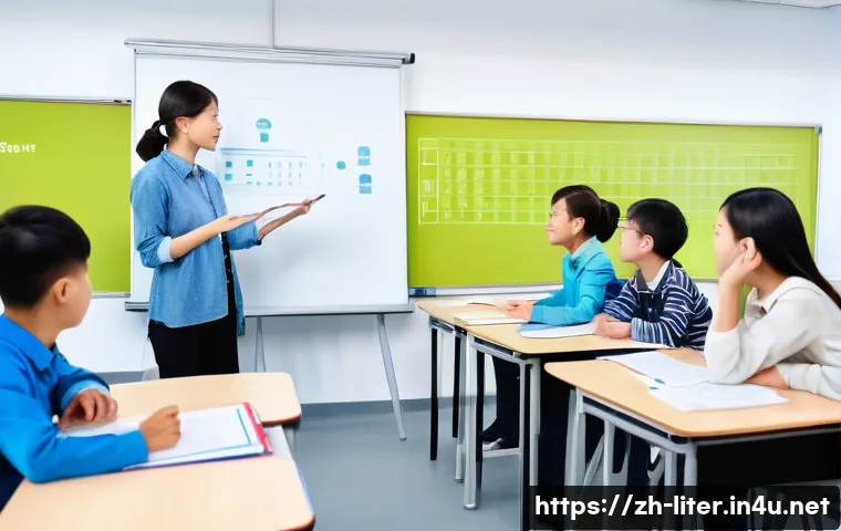 문해교육사 교육성과 평가법 - A modern classroom scene in a Chinese educational setting, featuring a diverse group of students att...