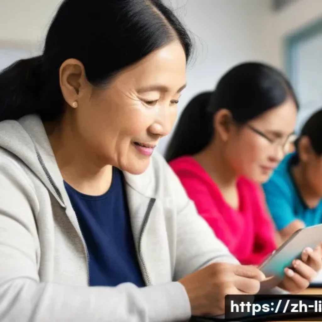 문해교육사와 경력 개발 도구 - A diverse group of adult learners in a modern community classroom setting, attentively engaging with...