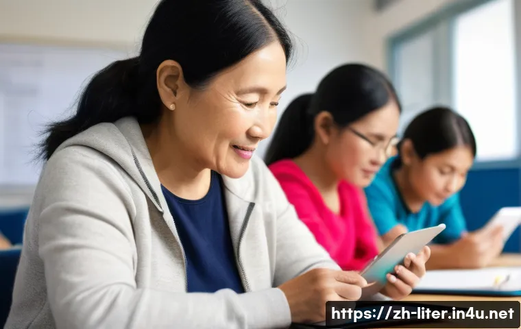 문해교육사와 경력 개발 도구 - A diverse group of adult learners in a modern community classroom setting, attentively engaging with...