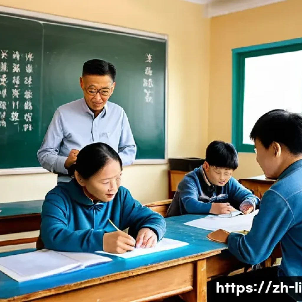 문해교육사 실무 사례 연구 - A warm classroom scene in a rural Chinese community center where a middle-aged male literacy teacher...