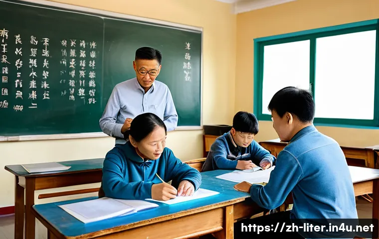 문해교육사 실무 사례 연구 - A warm classroom scene in a rural Chinese community center where a middle-aged male literacy teacher...