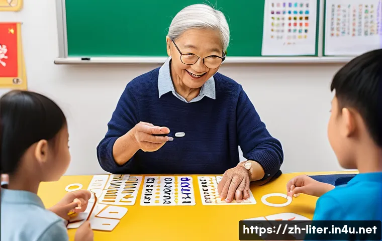 문해교육사와 교육 봉사 사례 - A warm, inviting classroom scene showing an elderly adult learner engaging with multisensory literac...