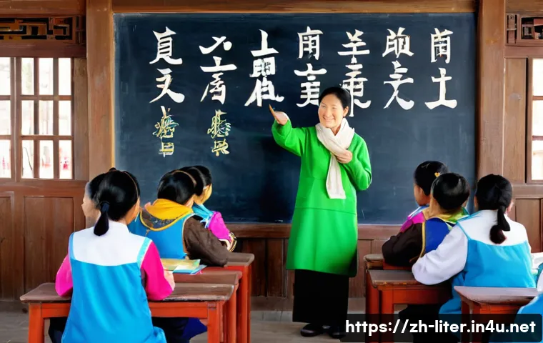 문해교육사와 학습 목표 연구 사례 - A warm, detailed scene of an adult literacy class in a rural Chinese village, showing a diverse grou...
