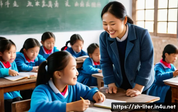 문해교육사와 직무 환경 개선법 - A dedicated adult literacy educator in a rural Chinese village classroom setting, warmly engaging a ...