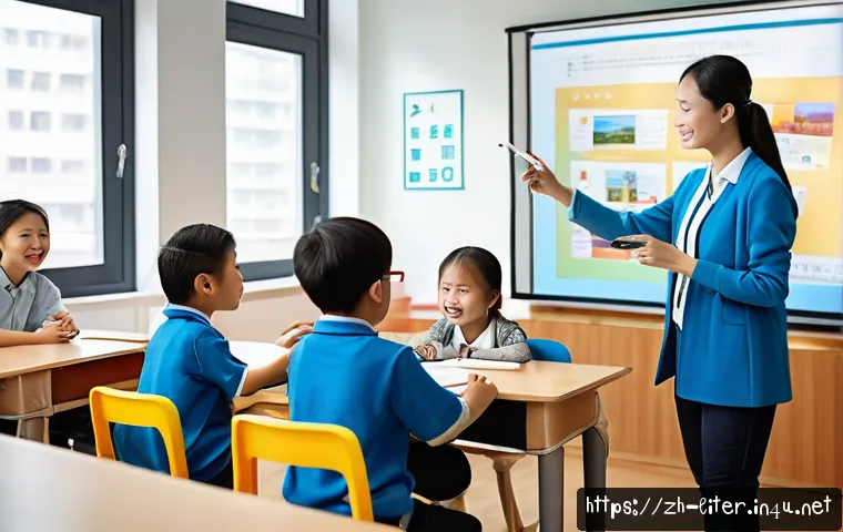 문해교육사와 직업 선택의 이유 - A modern classroom scene featuring a diverse group of students engaged in a project-based learning a...