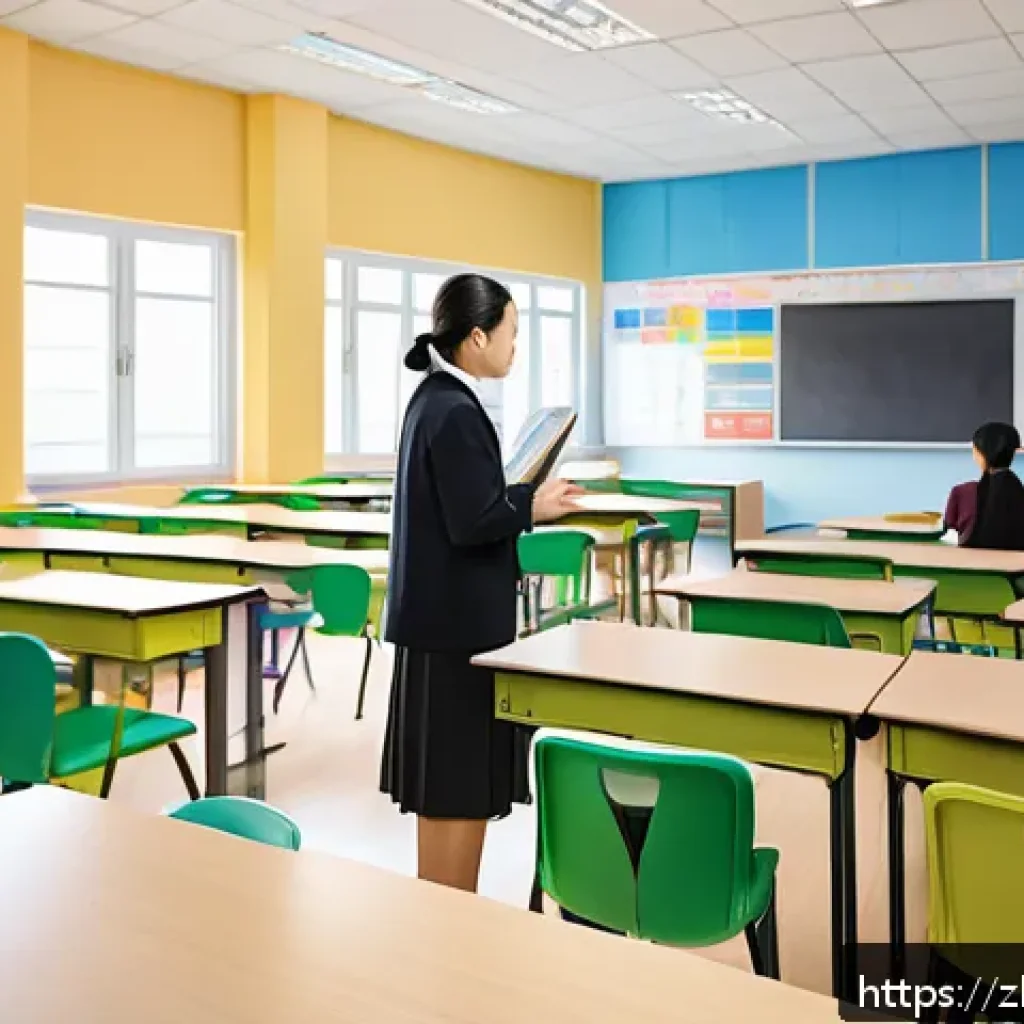 문해교육사와 직업 만족도 조사 연구 - A modern Chinese classroom scene with a female teacher in professional attire, wearing modest clothi...
