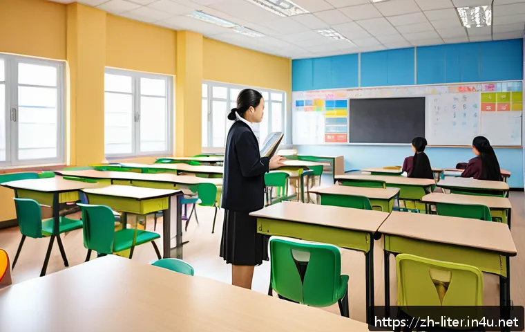 문해교육사와 직업 만족도 조사 연구 - A modern Chinese classroom scene with a female teacher in professional attire, wearing modest clothi...