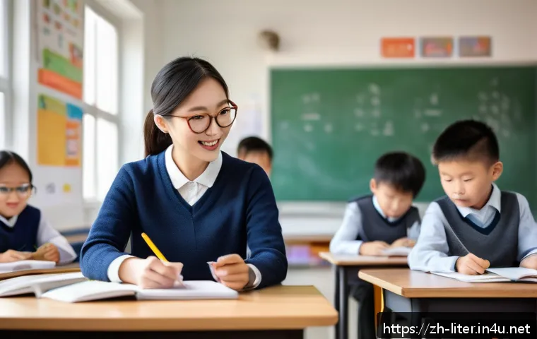문해교육사 일과 기록법 - A modern classroom scene focused on a dedicated teacher writing a detailed work log on a digital tab...