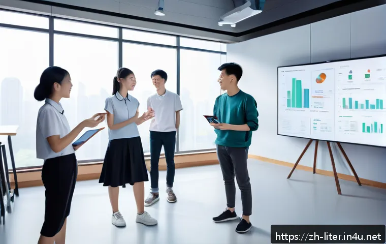 문해교육사와 교육 기술 비교 - A modern digital classroom scene featuring a diverse group of Chinese students engaged in personaliz...
