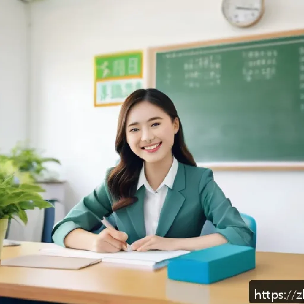 문해교육사와 직무 소진 방지법 - A modern, bright classroom scene featuring a young female teacher wearing professional attire and mo...