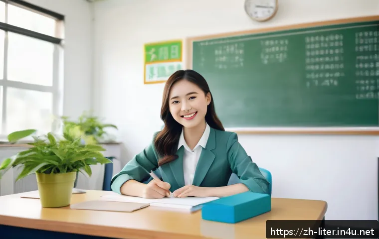 문해교육사와 직무 소진 방지법 - A modern, bright classroom scene featuring a young female teacher wearing professional attire and mo...