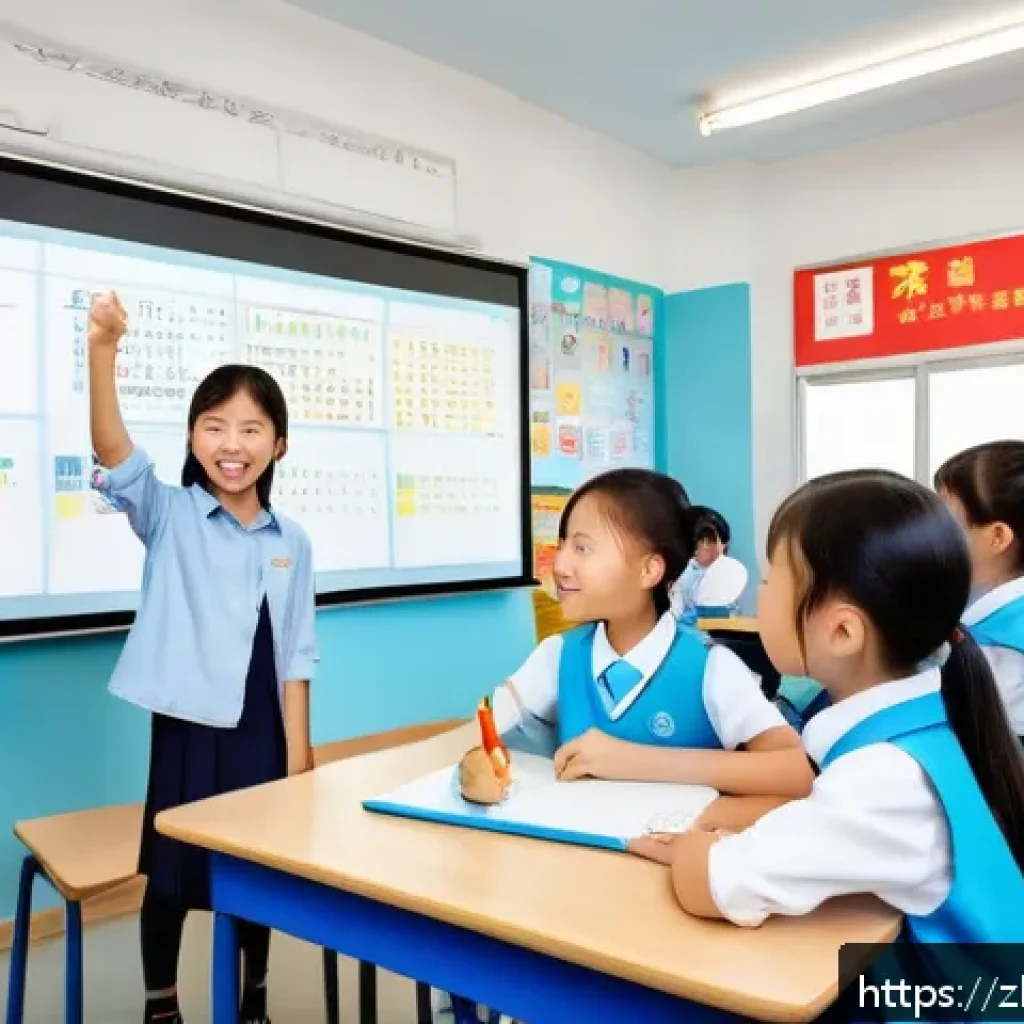 문해교육사와 학습 목표 설정 사례 - A modern Chinese classroom scene focused on literacy education, showing a diverse group of elementar...
