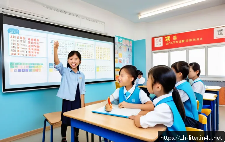 문해교육사와 학습 목표 설정 사례 - A modern Chinese classroom scene focused on literacy education, showing a diverse group of elementar...