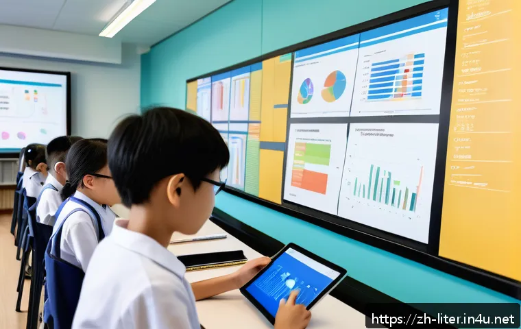 문해교육사로서의 데이터 활용법 - A modern classroom scene featuring a diverse group of attentive students using smart learning softwa...