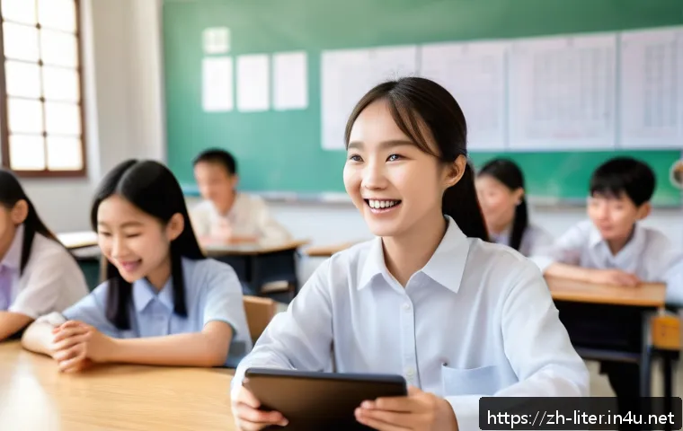 문해교육사와 학생 동기 부여 사례 - A lively modern classroom scene in a Chinese school setting, where diverse students aged around 12-1...
