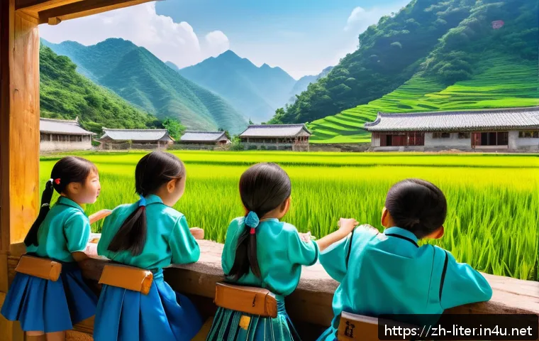 문해교육사와 학생 지지 체계 개발 - A vibrant rural classroom scene in a remote Chinese village, showing a diverse group of young studen...