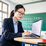 문해교육사와 직업 만족도 조사 분석 - A modern classroom scene in a Chinese urban school specializing in Wenhai education, featuring a ded...