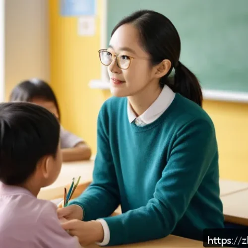 문해교육사와 상담기법 적용 사례 - A warm and inviting classroom scene featuring a caring teacher attentively listening and empathizing...