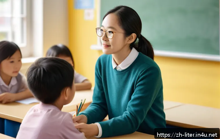 문해교육사와 상담기법 적용 사례 - A warm and inviting classroom scene featuring a caring teacher attentively listening and empathizing...