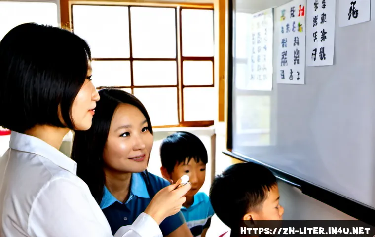 문해교육사와 수업 평가 방법 - Photorealistic adult literacy educator conducting a supportive classroom assessment with a small gro...