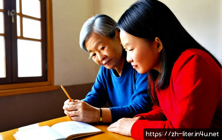문해교육사와 학습자 관찰 기록법 - Photorealistic adult literacy educator observing an older Chinese learner practicing picture-based r...