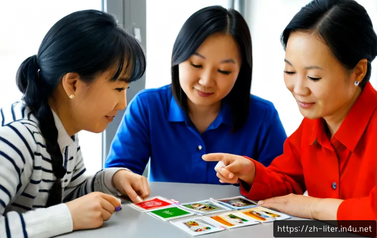 문해교육사와 필수 문해 지도 기술 - Photorealistic adult literacy educator guiding a small group of Chinese-speaking adult learners arou...