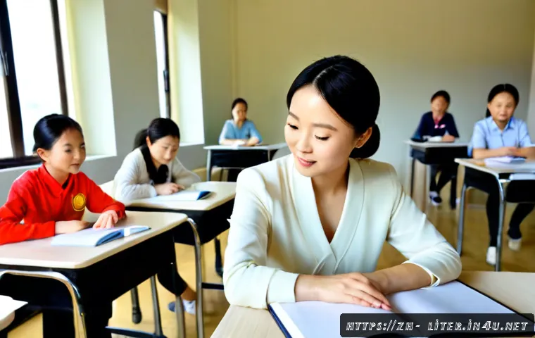 문해교육사 자격증과 해외 진출 - Photorealistic professional scene of a Chinese literacy education instructor in a bright modern trai...
